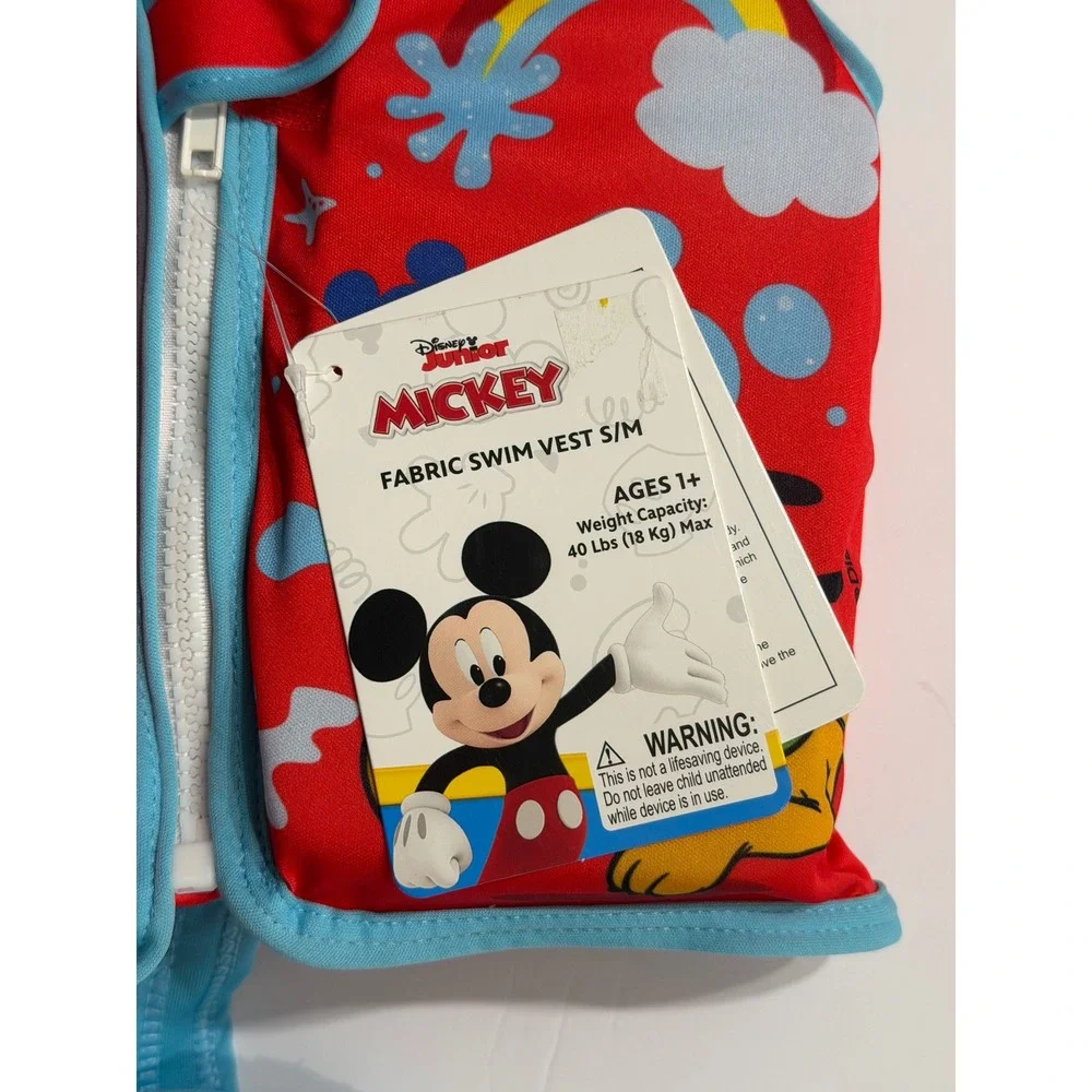 Disney Mickey Mouse Fabric Swim Vest Kids Red Blue Size S/M Ages 1+ Up to 40 lbs